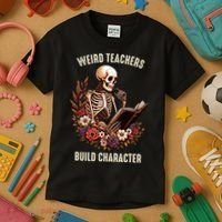 Wierd Teachers Build Charcter Funny Skeleton Book Floral Halloween Kids T-Shirt thumb 3