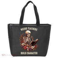 Wierd Teachers Build Charcter Funny Skeleton Book Floral Halloween Tote Bag thumb 0