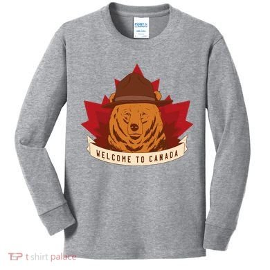 Welcome To Canada Maple Leaf Bear Kids Long Sleeve Shirt