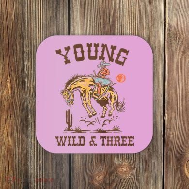 Wild & Three Cow Western Rodeo 3rd Birthday Coaster