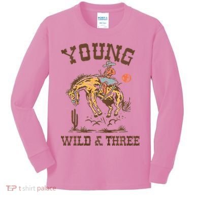 Wild & Three Cow Western Rodeo 3rd Birthday Kids Long Sleeve Shirt