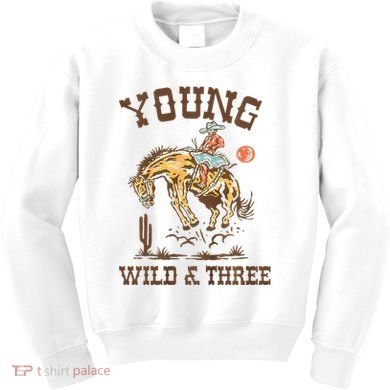 Wild & Three Cow Western Rodeo 3rd Birthday Kids Sweatshirt