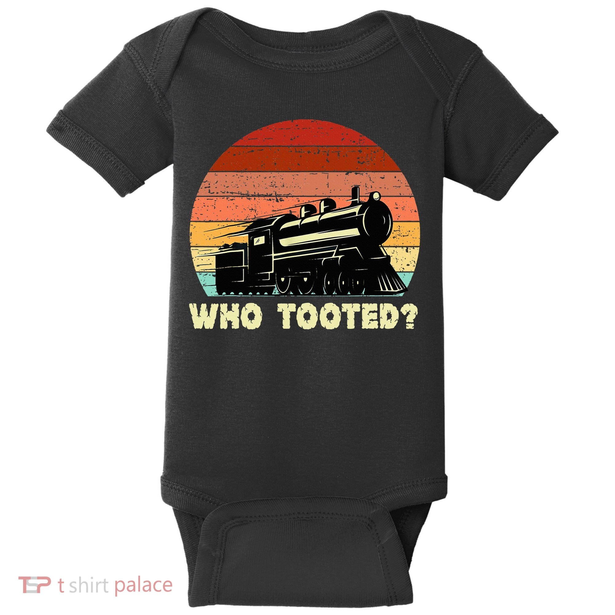 Who Tooted Funny Train Lovers & Railroad Retro Sunset Baby Bodysuit