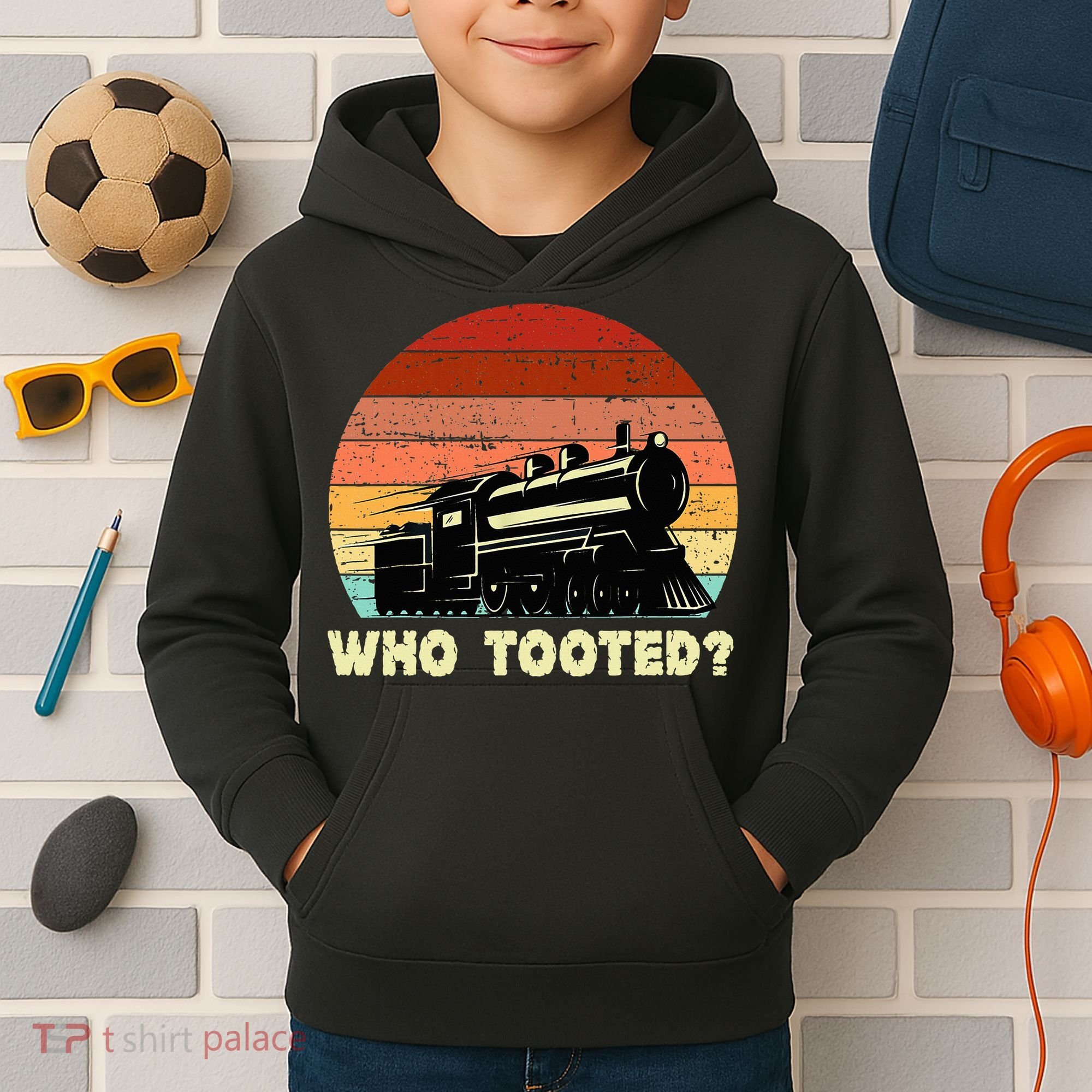 Who Tooted Funny Train Lovers & Railroad Retro Sunset Kids Hoodie