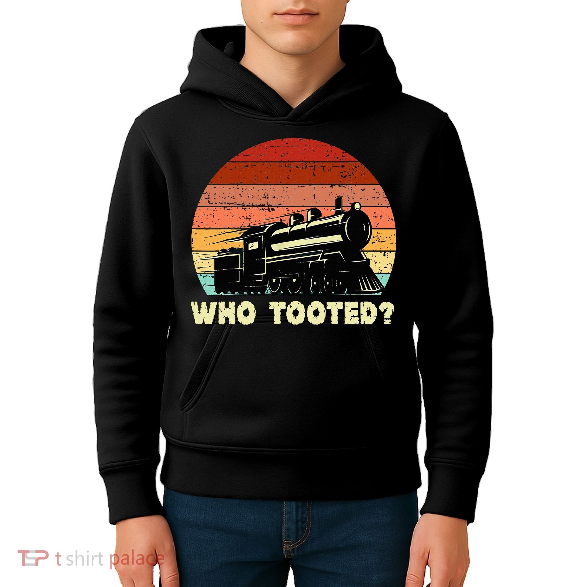 Who Tooted Funny Train Lovers & Railroad Retro Sunset Kids Hoodie