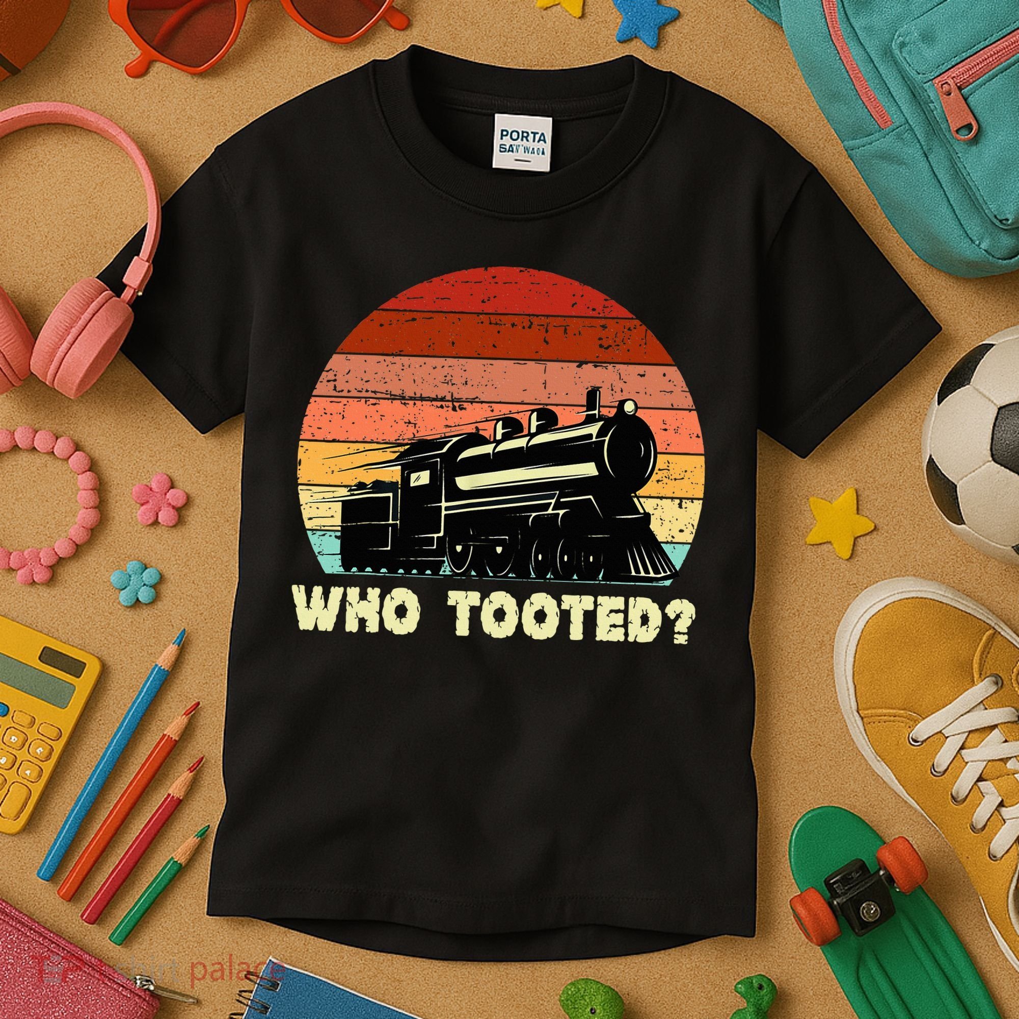 Who Tooted Funny Train Lovers & Railroad Retro Sunset Kids T-Shirt