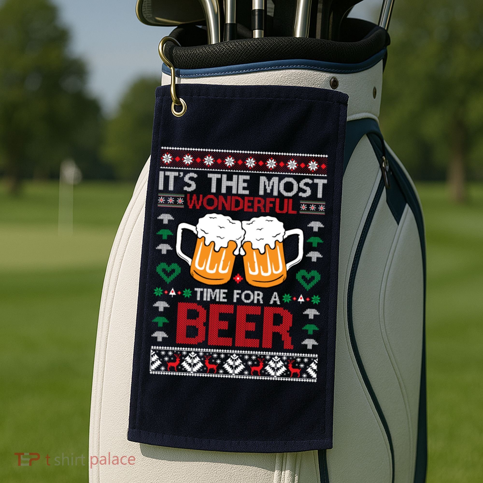wonderful time for a beer Ugly Christmas Sweaters Golf Towel