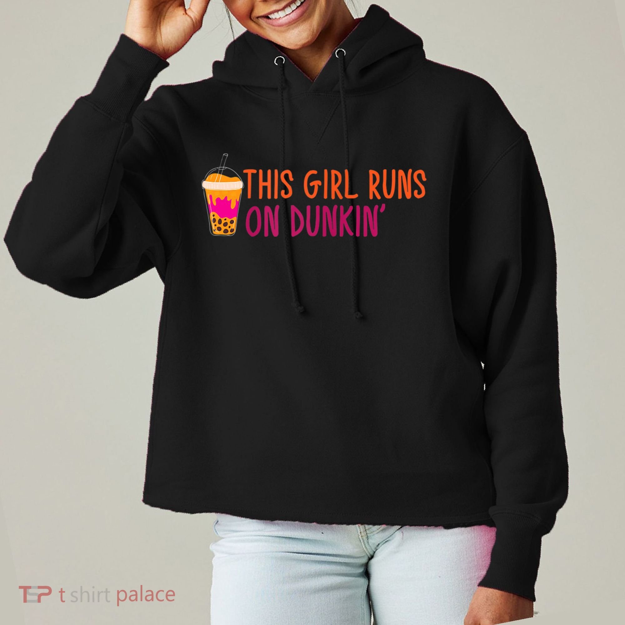 Womens This Girl Runs On Dunkin' Funny Essential Ladies Heavyweight Boxy Pullover Hoodie