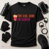 Womens This Girl Runs On Dunkin' Funny Essential Cooling Performance Crew T-Shirt thumb 3