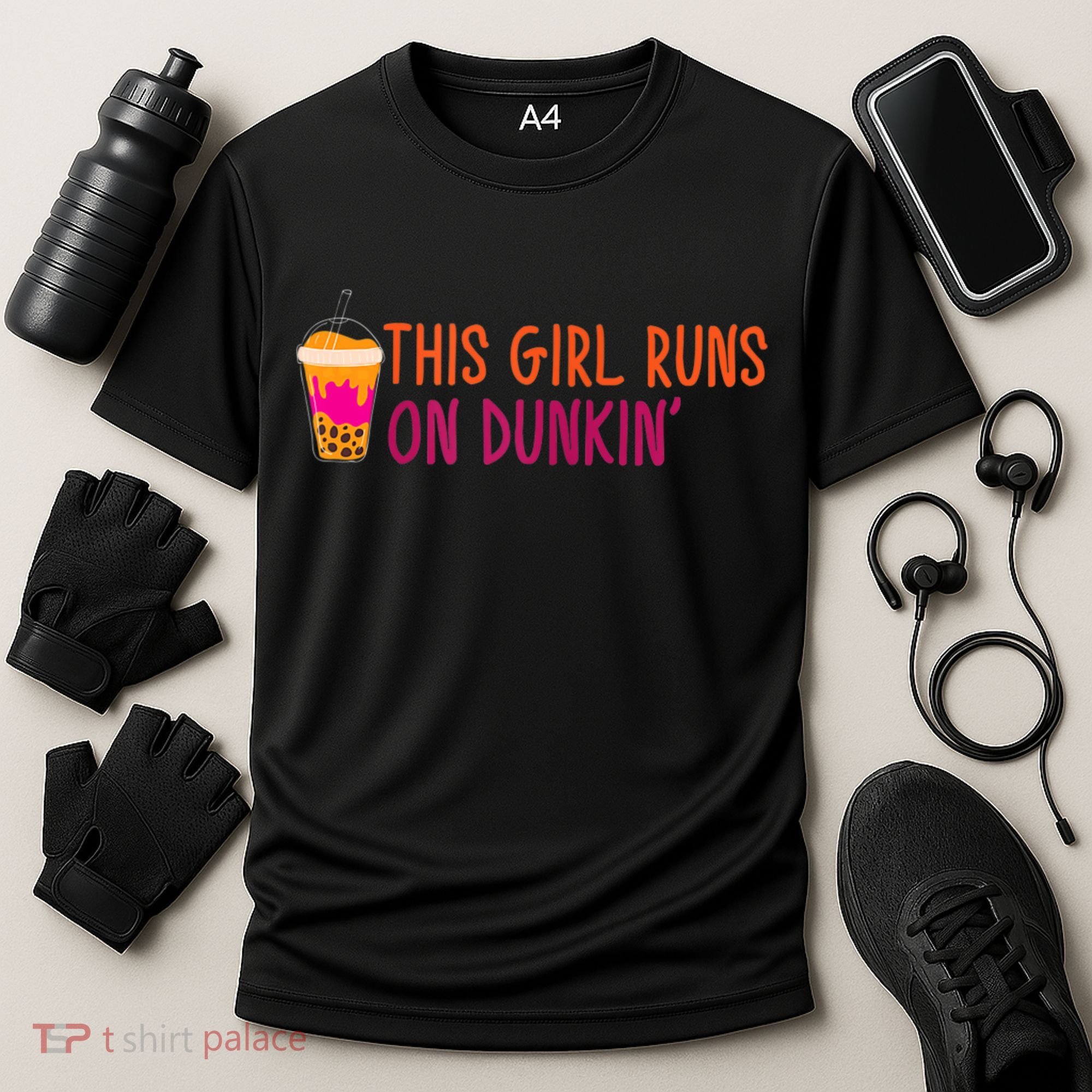 Womens This Girl Runs On Dunkin' Funny Essential Cooling Performance Crew T-Shirt