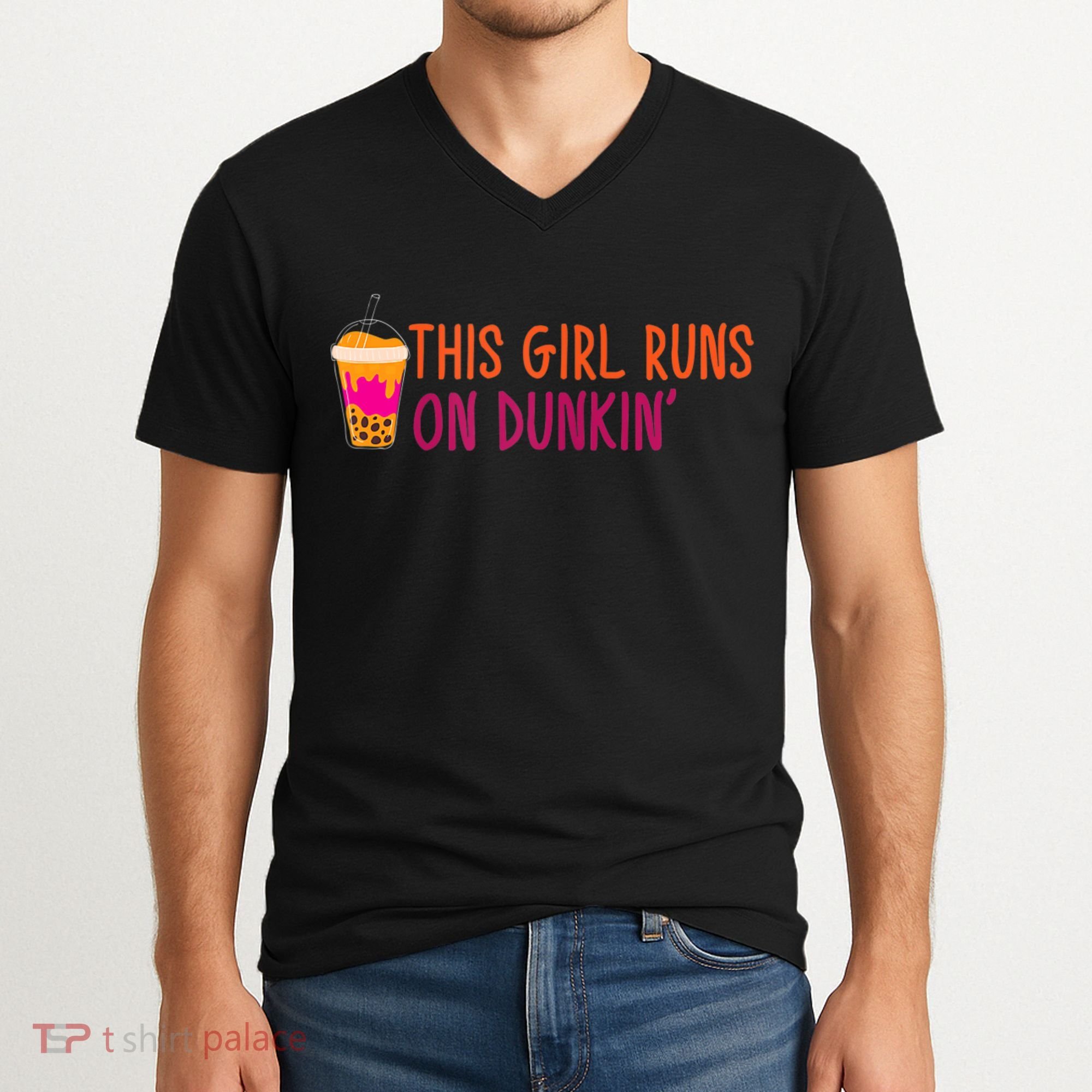 Womens This Girl Runs On Dunkin' Funny Essential V-Neck T-Shirt