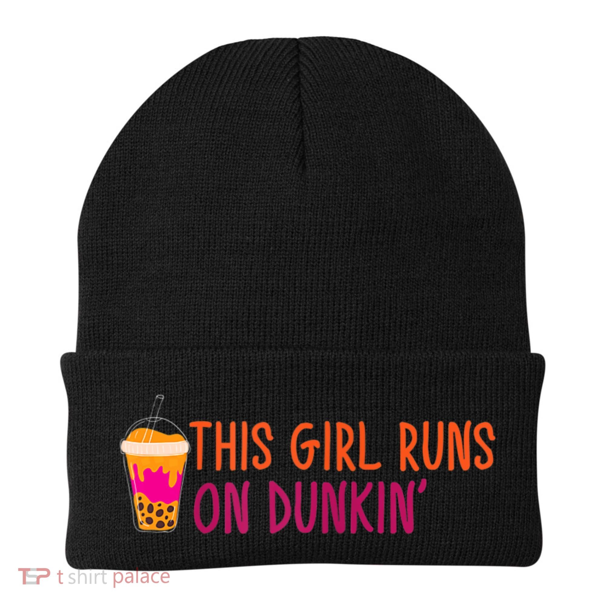 Womens This Girl Runs On Dunkin' Funny Essential Beanie