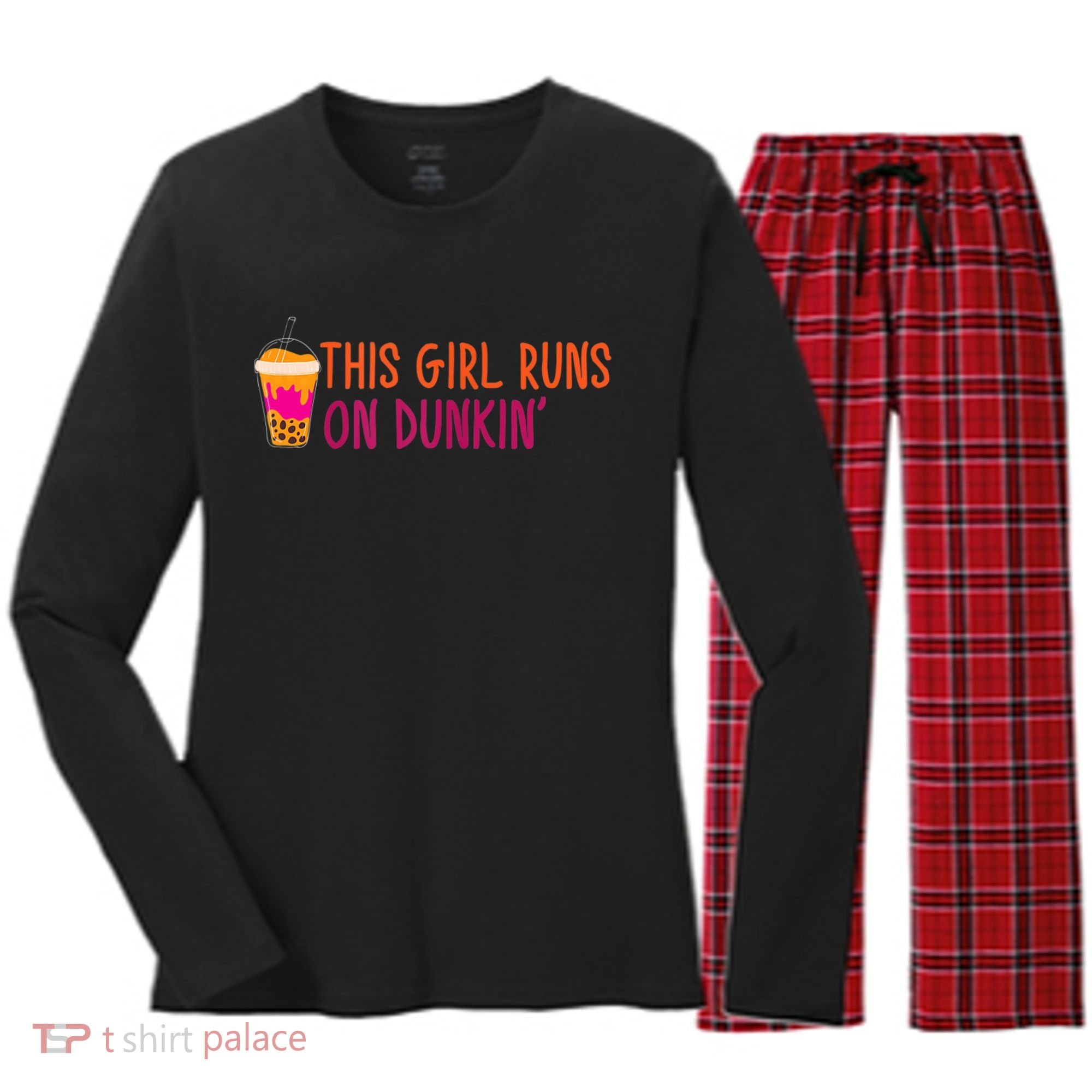 Womens This Girl Runs On Dunkin' Funny Essential Women's Long Sleeve Flannel Pajama Set 