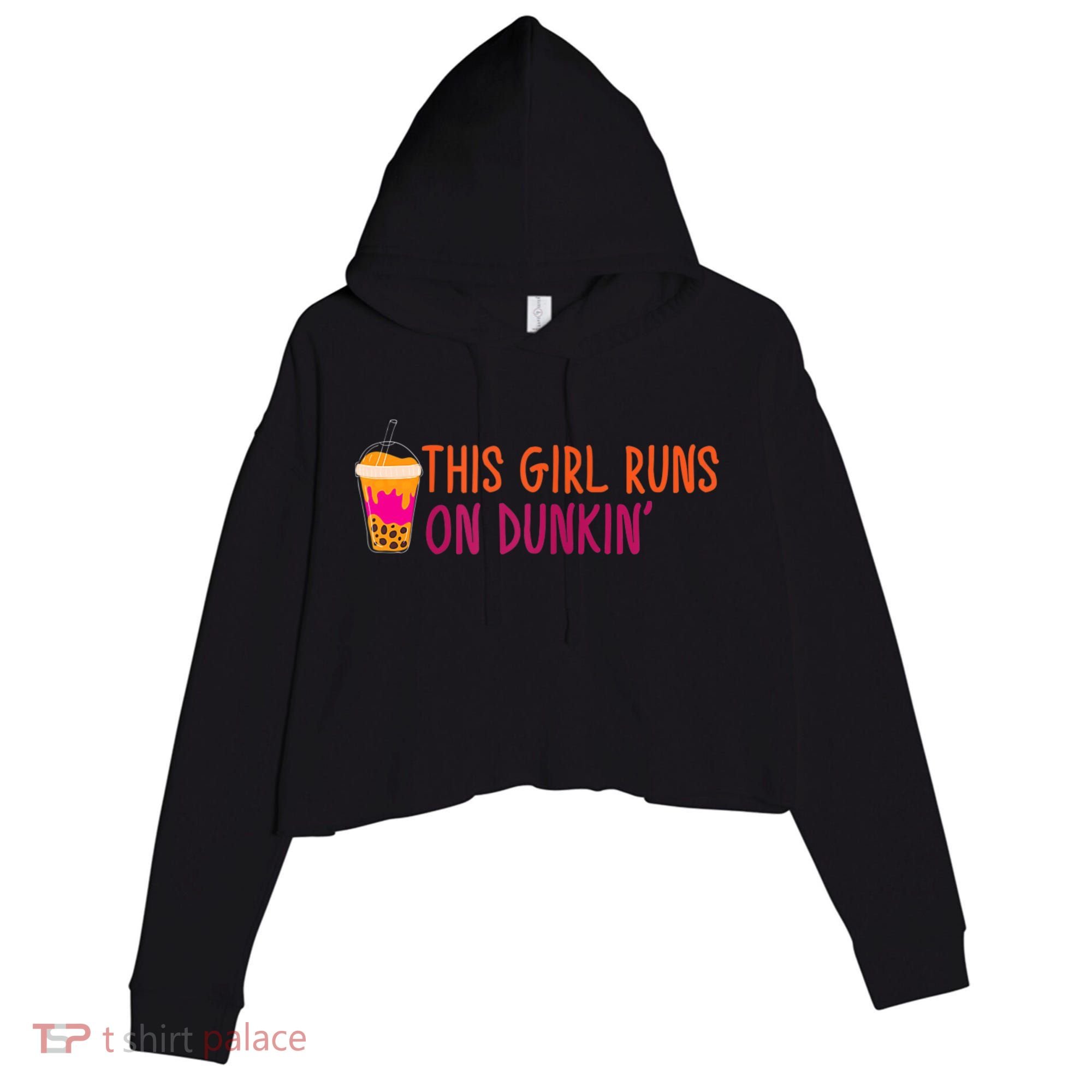 Womens This Girl Runs On Dunkin' Funny Essential Crop Fleece Hoodie