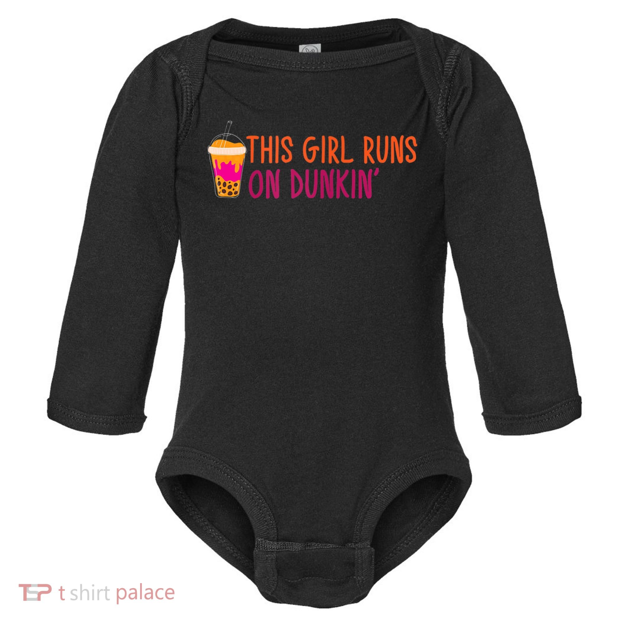 Womens This Girl Runs On Dunkin' Funny Essential Baby Long Sleeve Bodysuit
