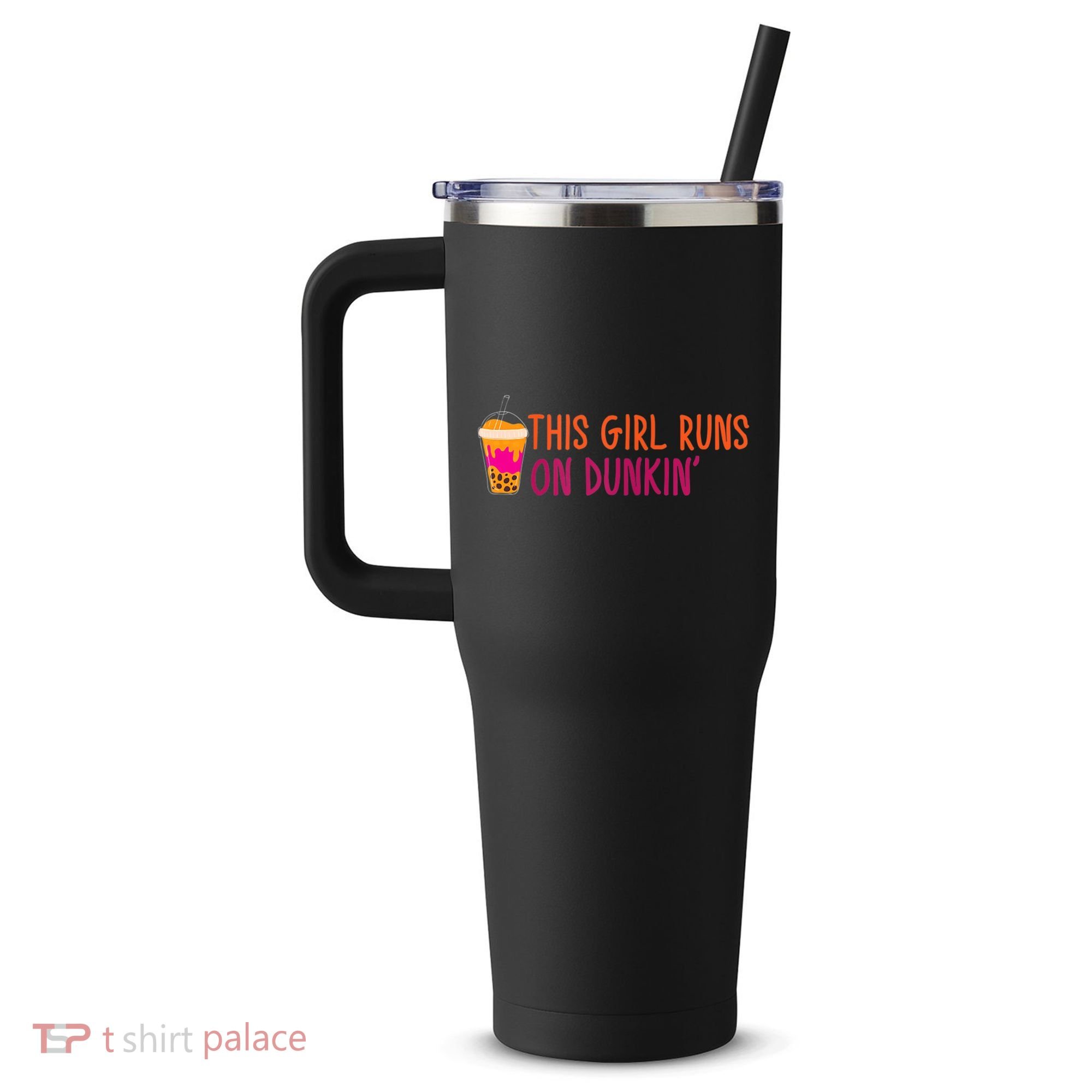Womens This Girl Runs On Dunkin' Funny Essential 40oz Vacuum Insulated Stainless Steel Travel Tumbler