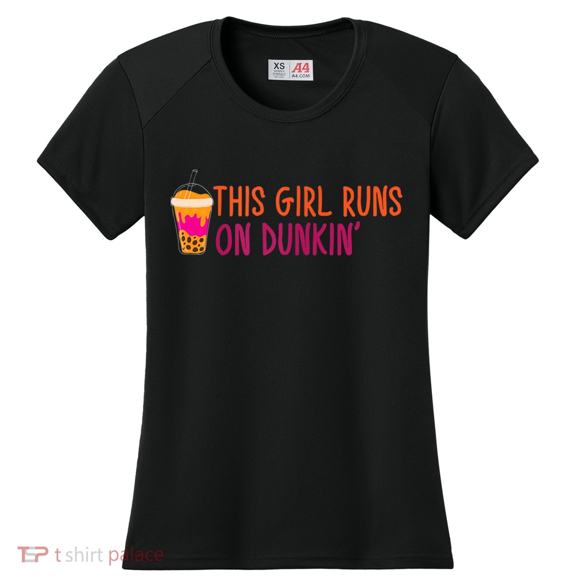 Womens This Girl Runs On Dunkin' Funny Essential Women's Cooling Performance Crew T-Shirt