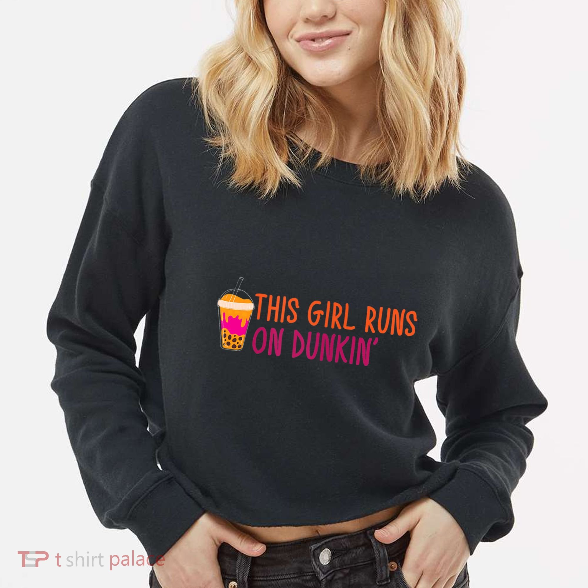Womens This Girl Runs On Dunkin' Funny Essential Cropped Pullover Crew