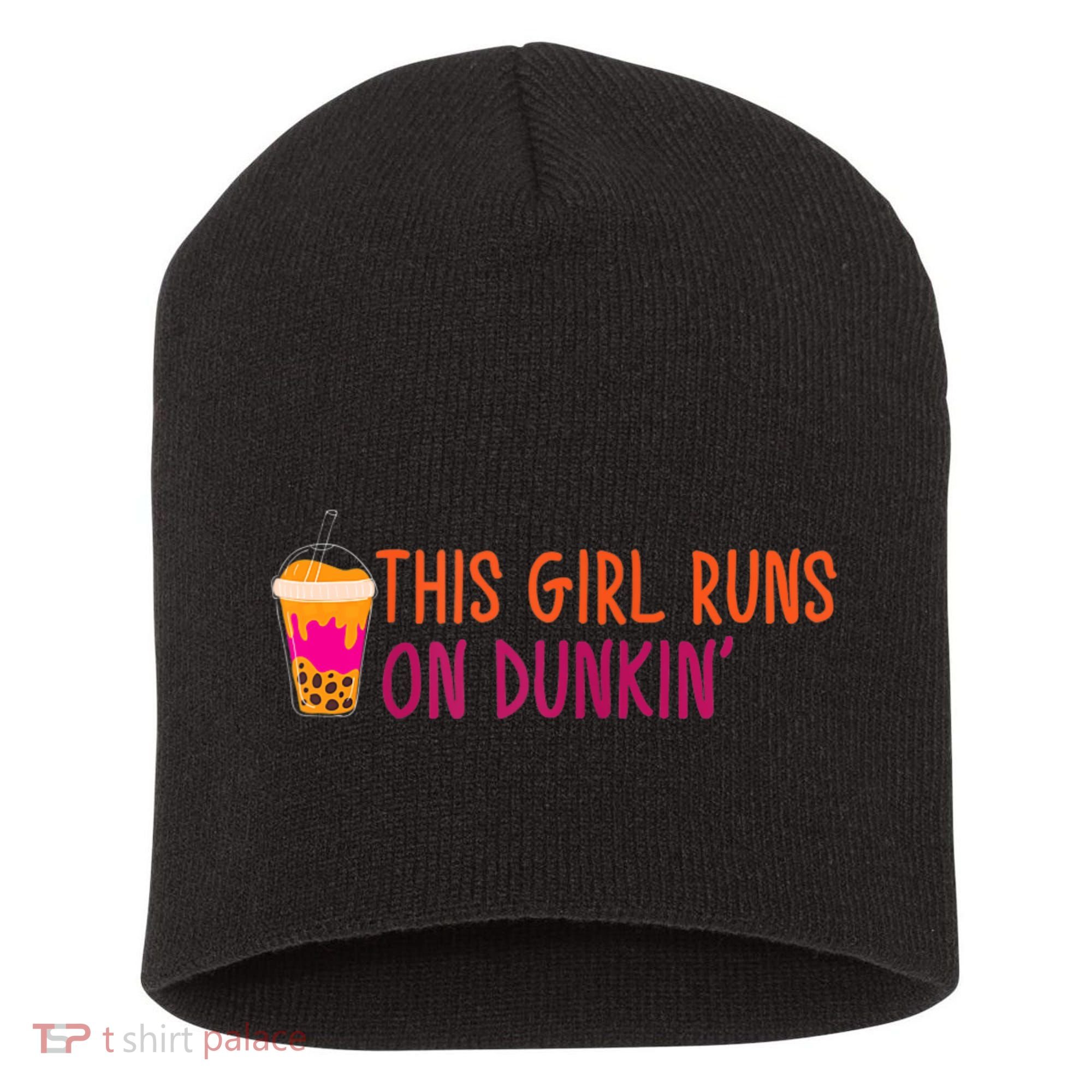 Womens This Girl Runs On Dunkin' Funny Essential Short Acrylic Beanie