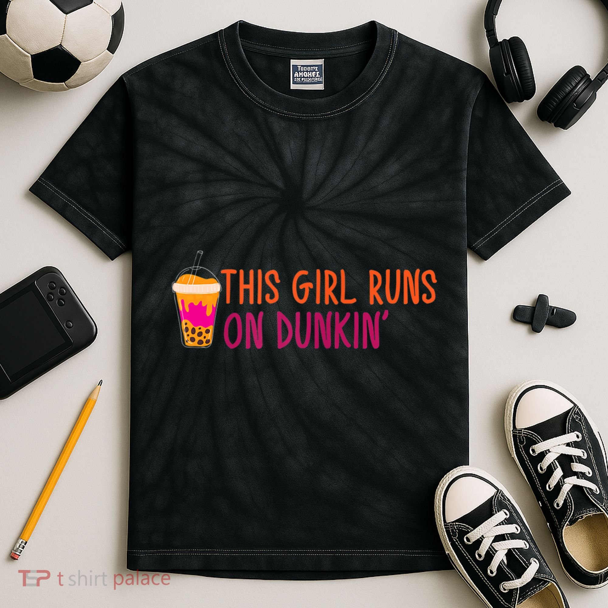 Womens This Girl Runs On Dunkin' Funny Essential Kids Tie-Dye T-Shirt