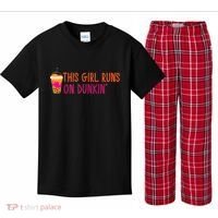 Womens This Girl Runs On Dunkin' Funny Essential Kids Plaid Pajama Set thumb 0