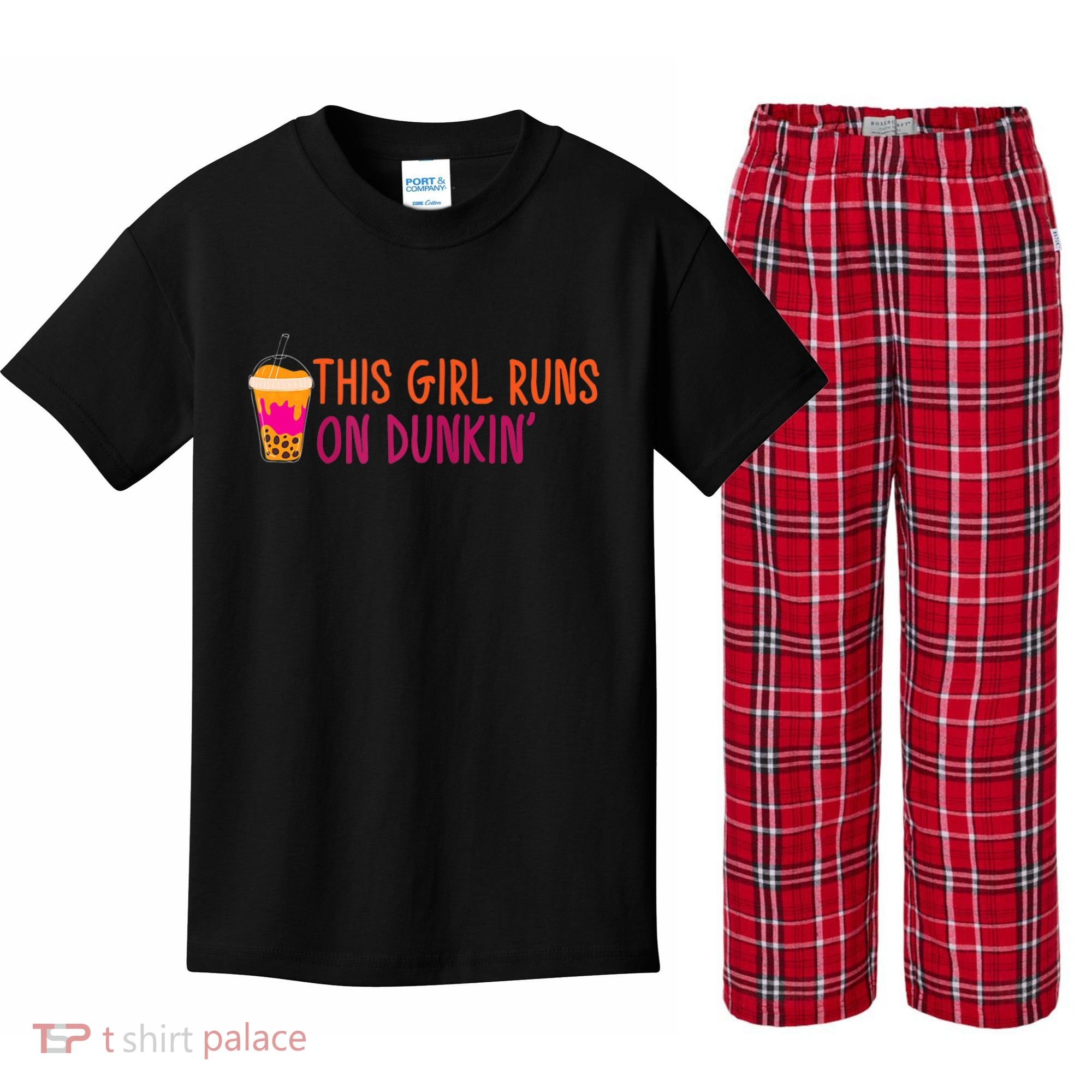Womens This Girl Runs On Dunkin' Funny Essential Kids Plaid Pajama Set