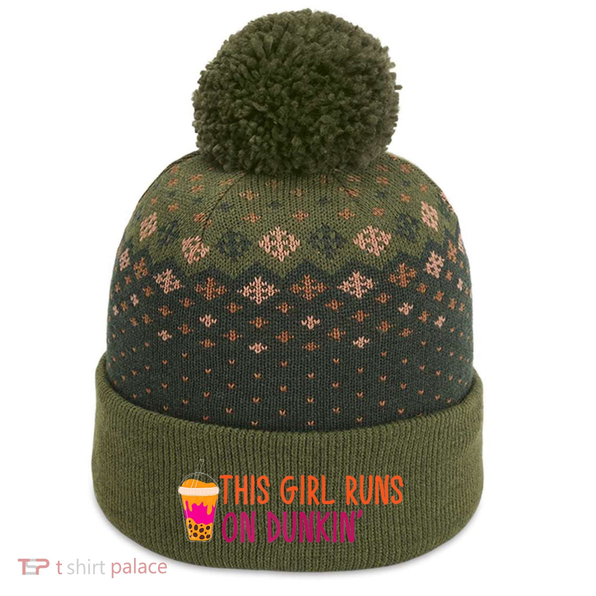 Womens This Girl Runs On Dunkin' Funny Essential The Baniff Cuffed Pom Beanie