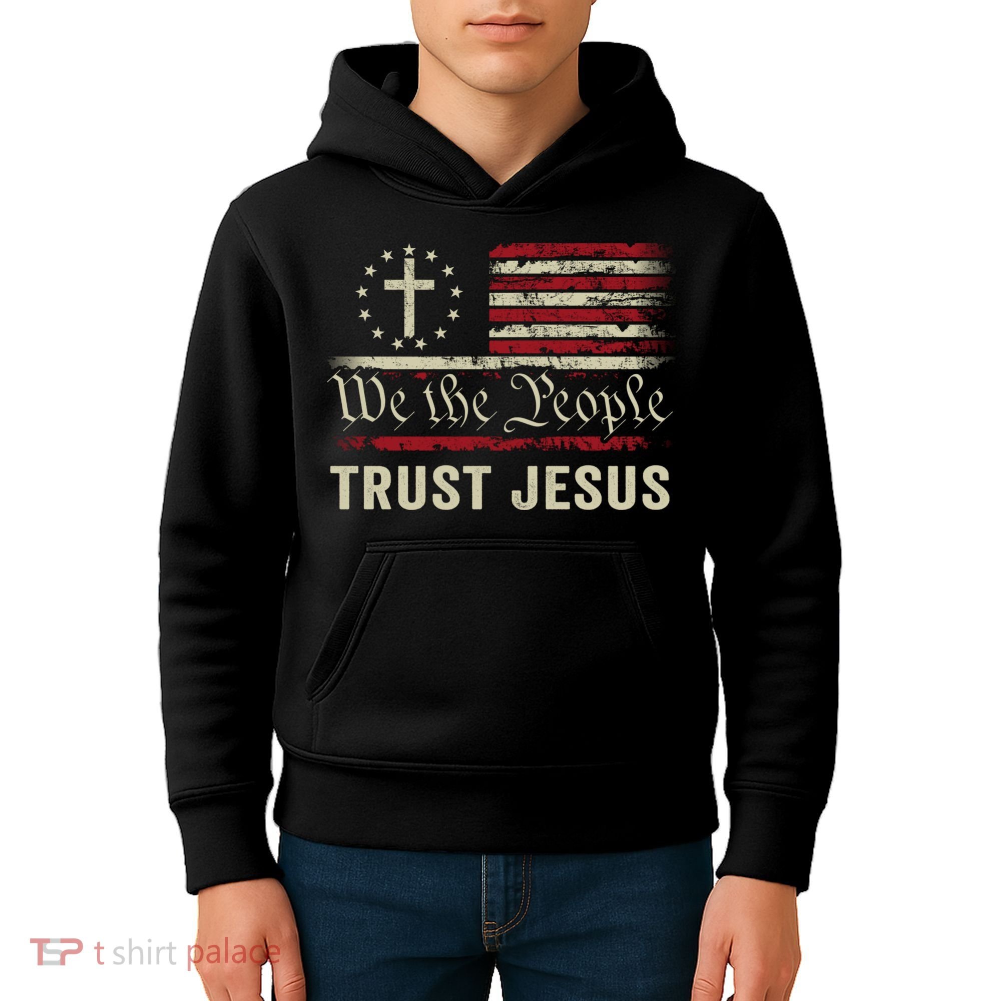 We The People Trust Jesus USA Flag Christian Patriotic Kids Hoodie