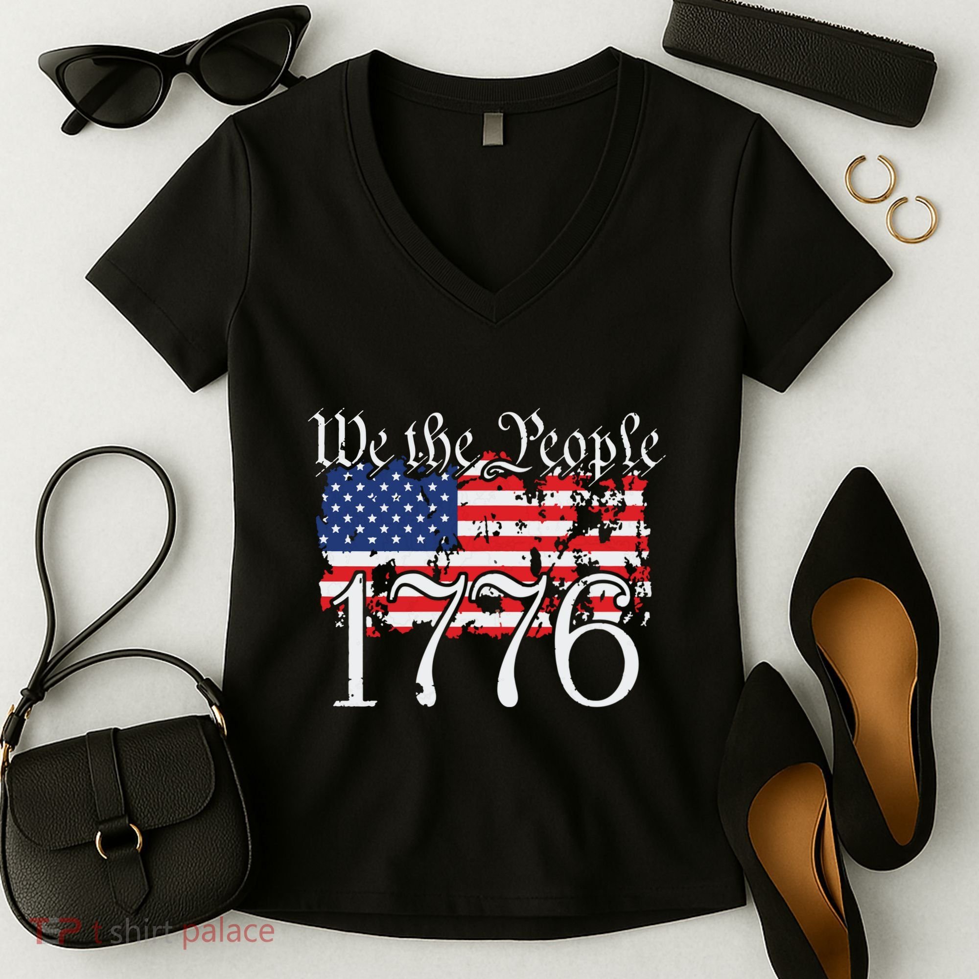 We The People 1776 US Constitution Freedom American Flag Women's V-Neck T-Shirt