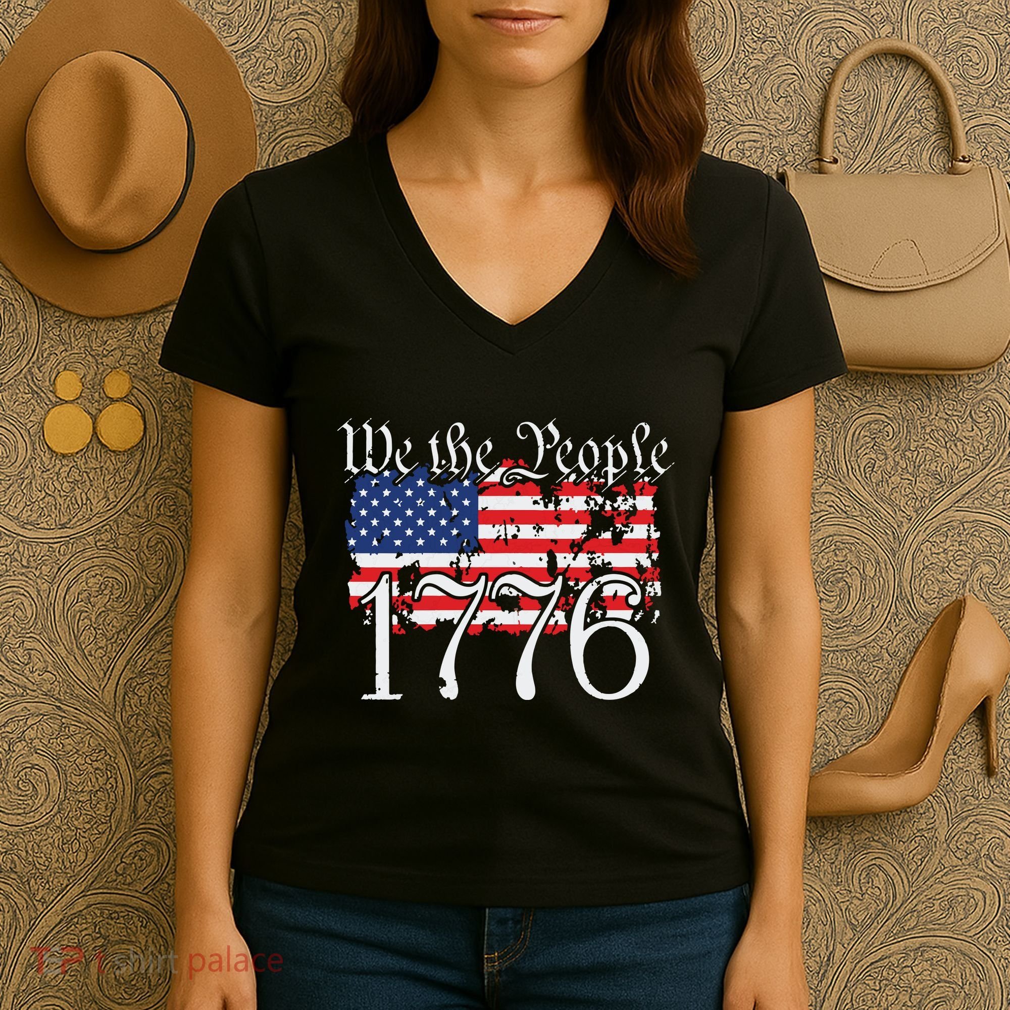 We The People 1776 US Constitution Freedom American Flag Women's V-Neck T-Shirt