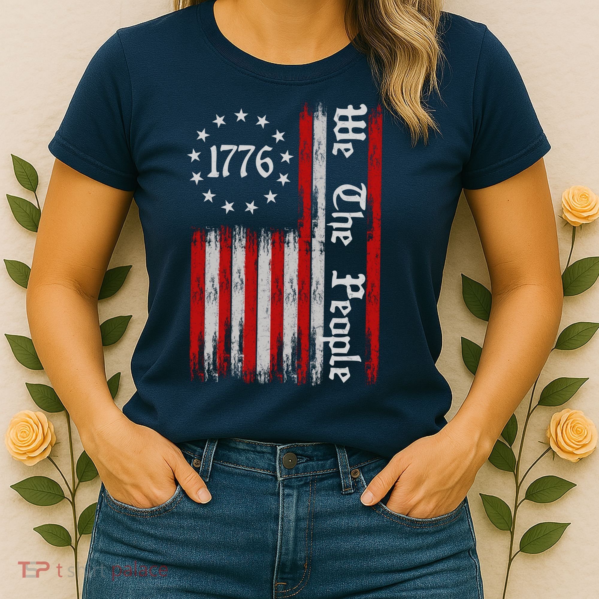 We The People 1776 Distressed USA American Flag Women's T-Shirt