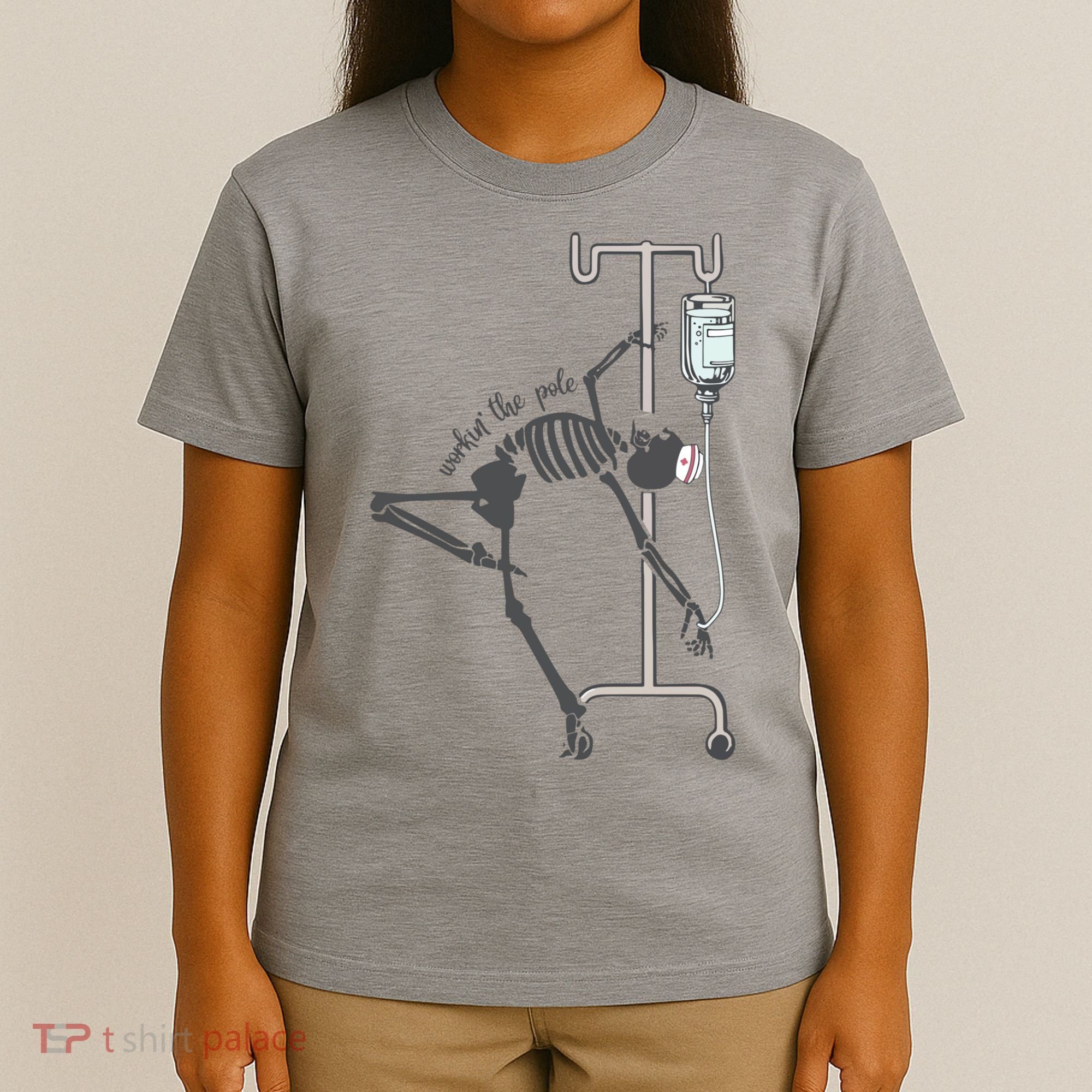 Working The Pole Funny Nurse Dancing Skeleton Halloween Cute T-Shirt