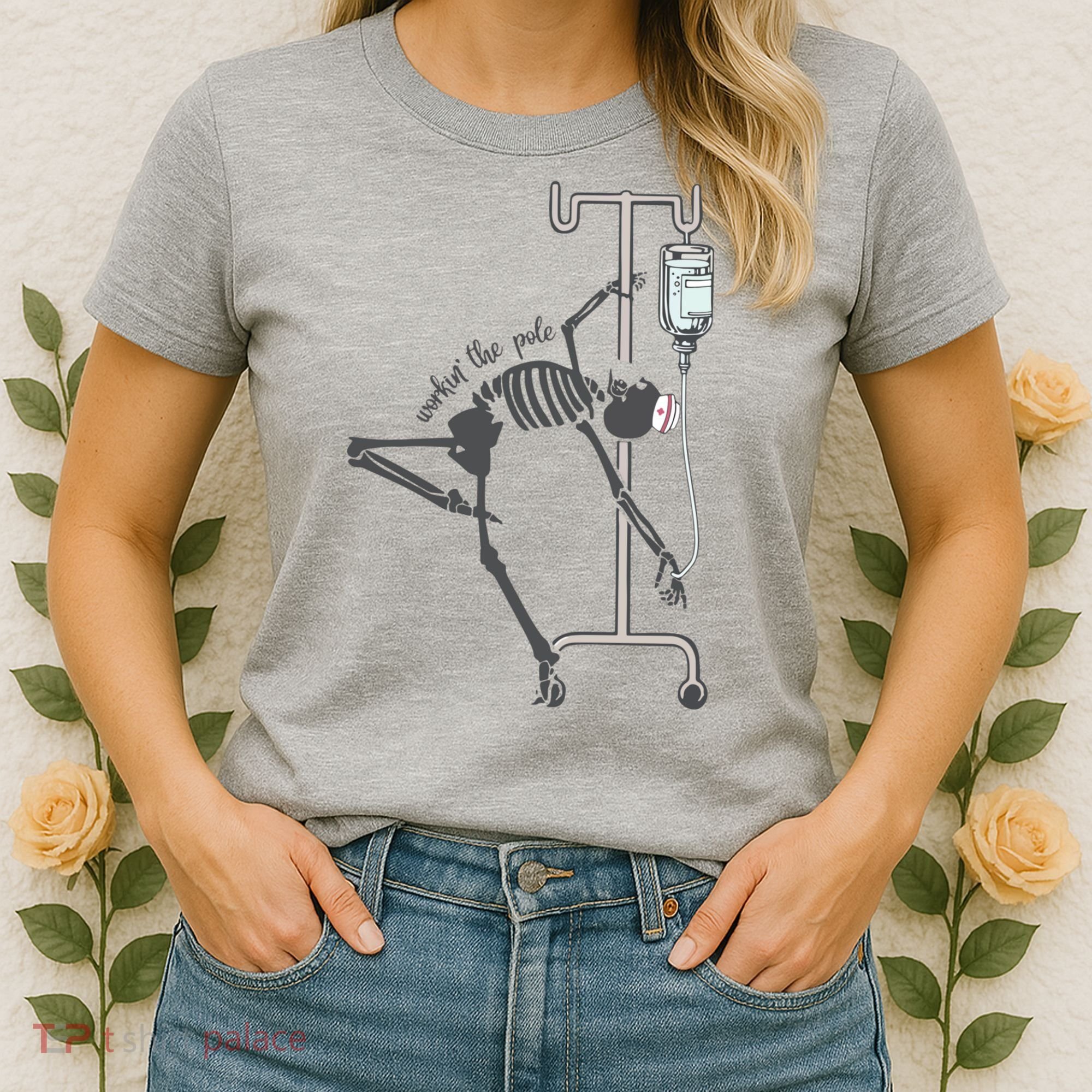 Working The Pole Funny Nurse Dancing Skeleton Halloween Cute Women's T-Shirt