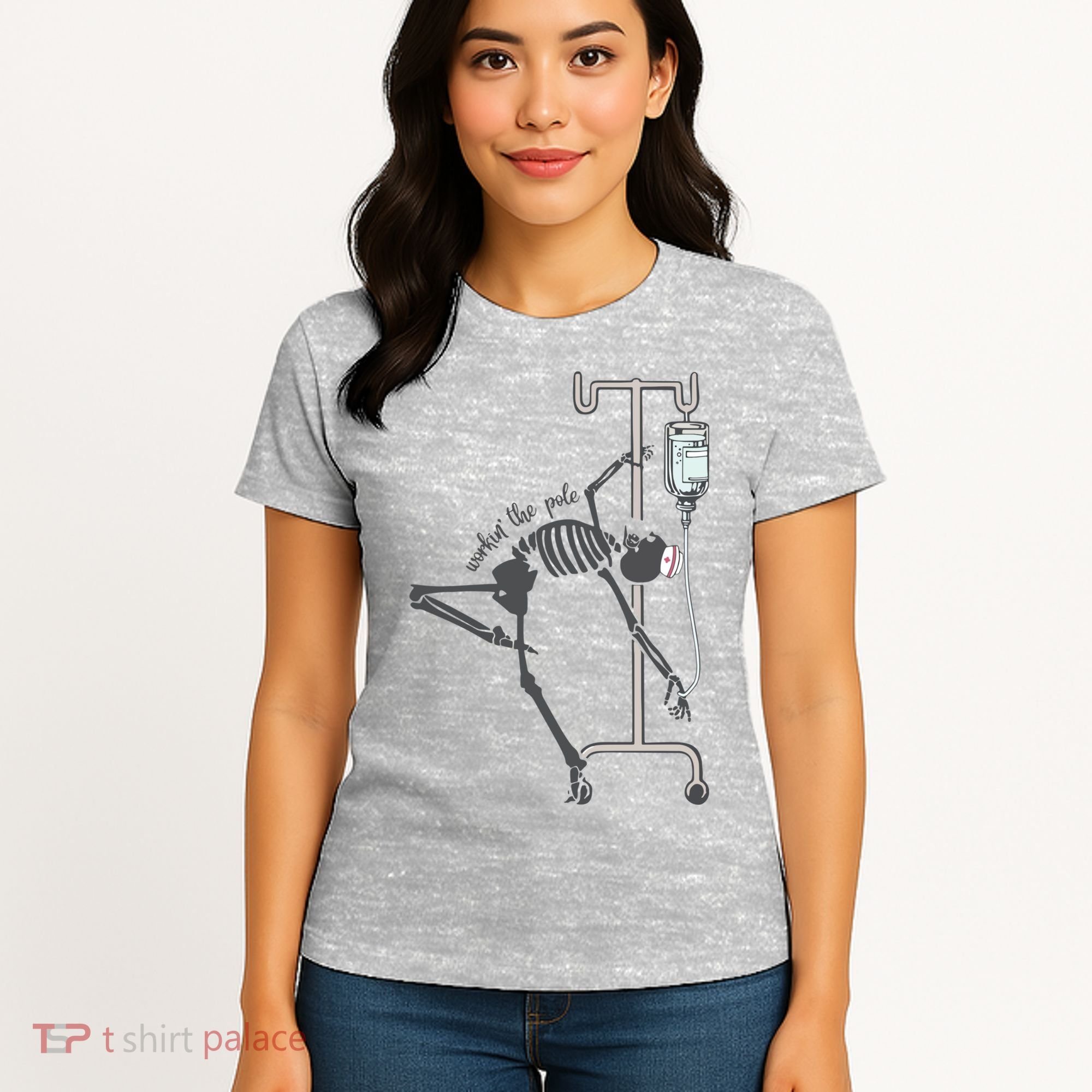 Working The Pole Funny Nurse Dancing Skeleton Halloween Cute Women's T-Shirt