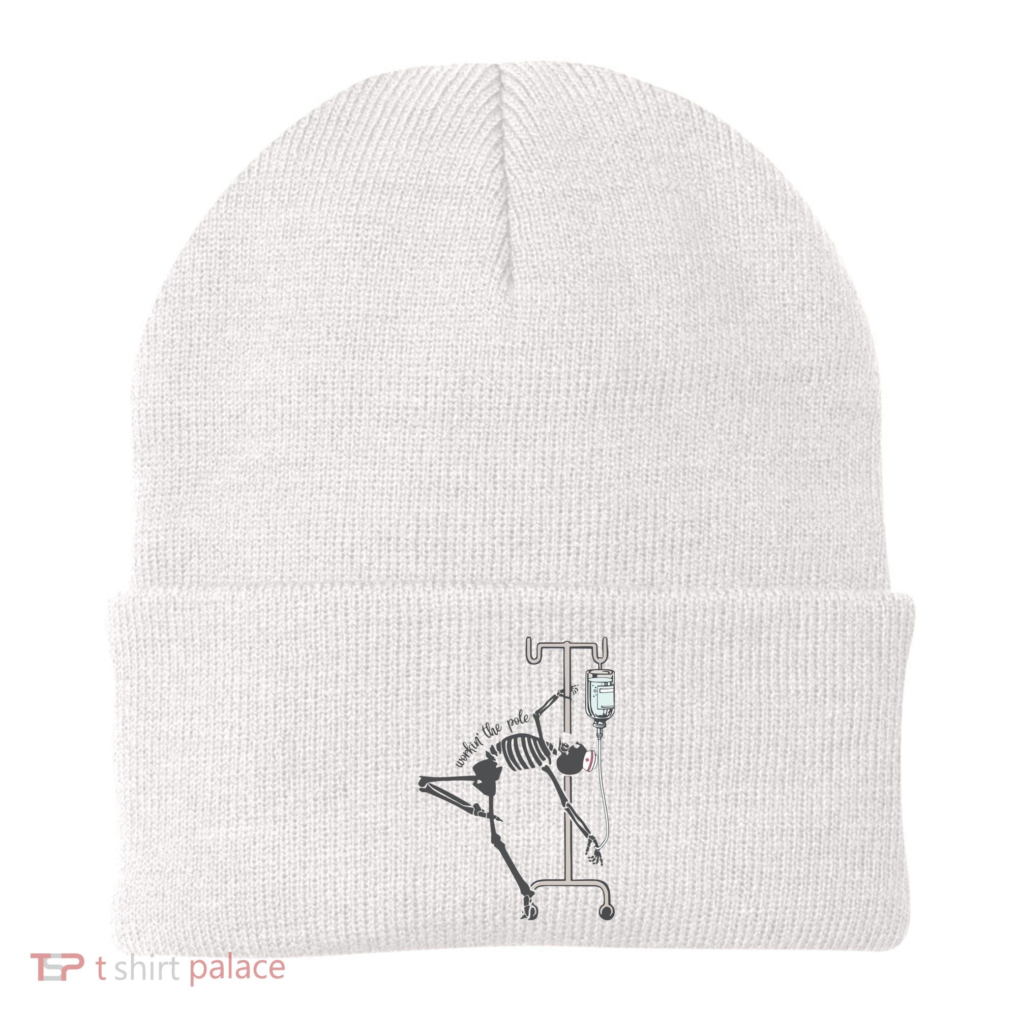 Working The Pole Funny Nurse Dancing Skeleton Halloween Cute Beanie