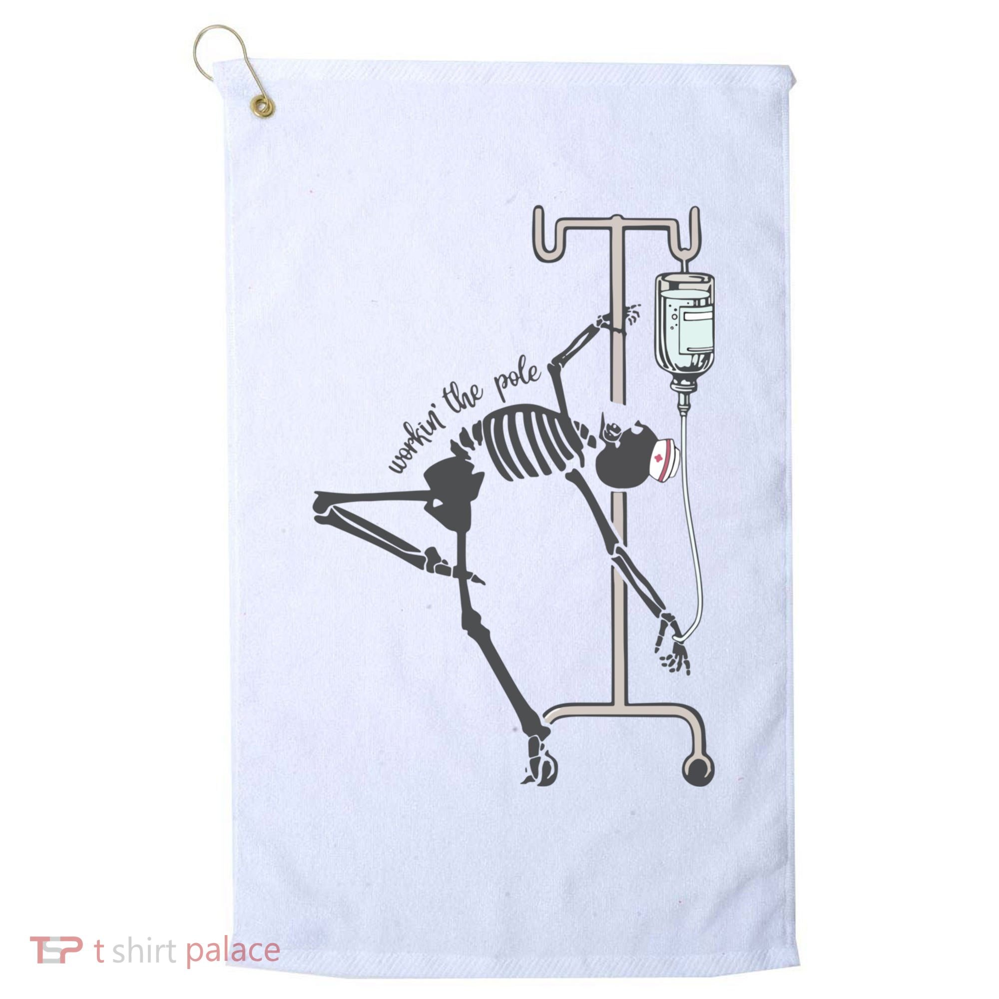 Working The Pole Funny Nurse Dancing Skeleton Halloween Cute Golf Towel