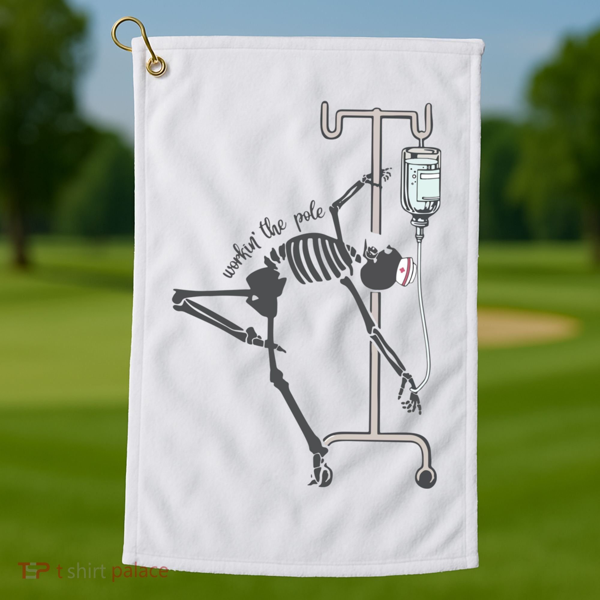 Working The Pole Funny Nurse Dancing Skeleton Halloween Cute Golf Towel