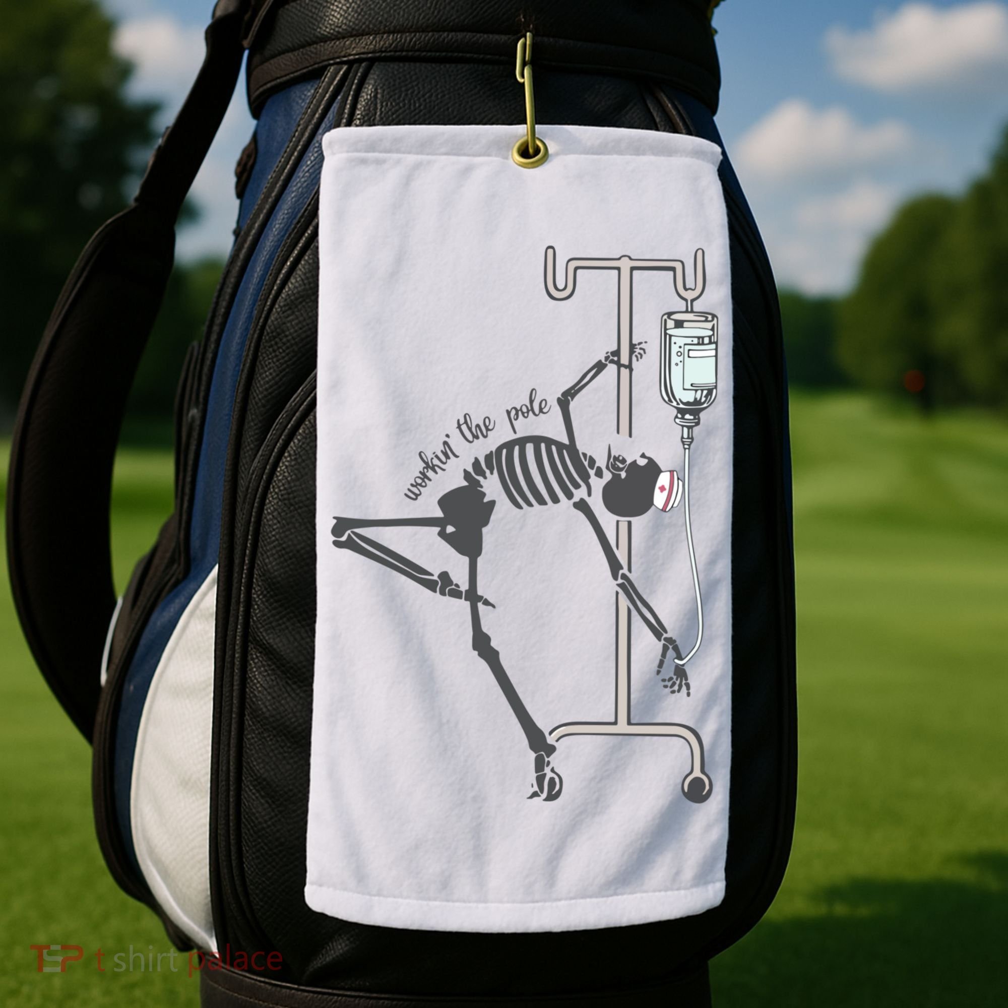 Working The Pole Funny Nurse Dancing Skeleton Halloween Cute Golf Towel