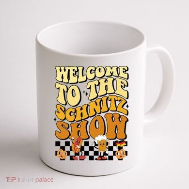 Welcome To The Schnitz Show Oktoberfest Retro Groovy Coffee Mug back