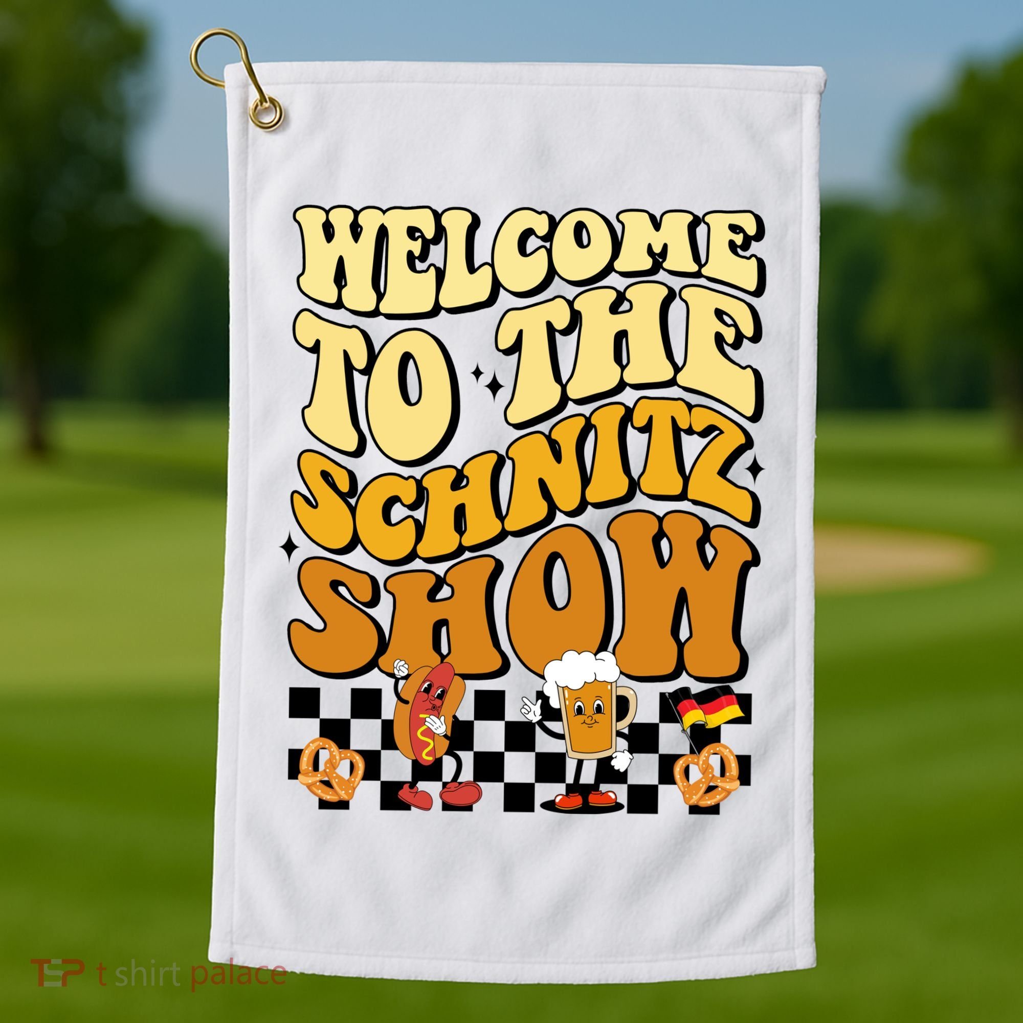 Welcome To The Schnitz Show Oktoberfest Retro Groovy Golf Towel