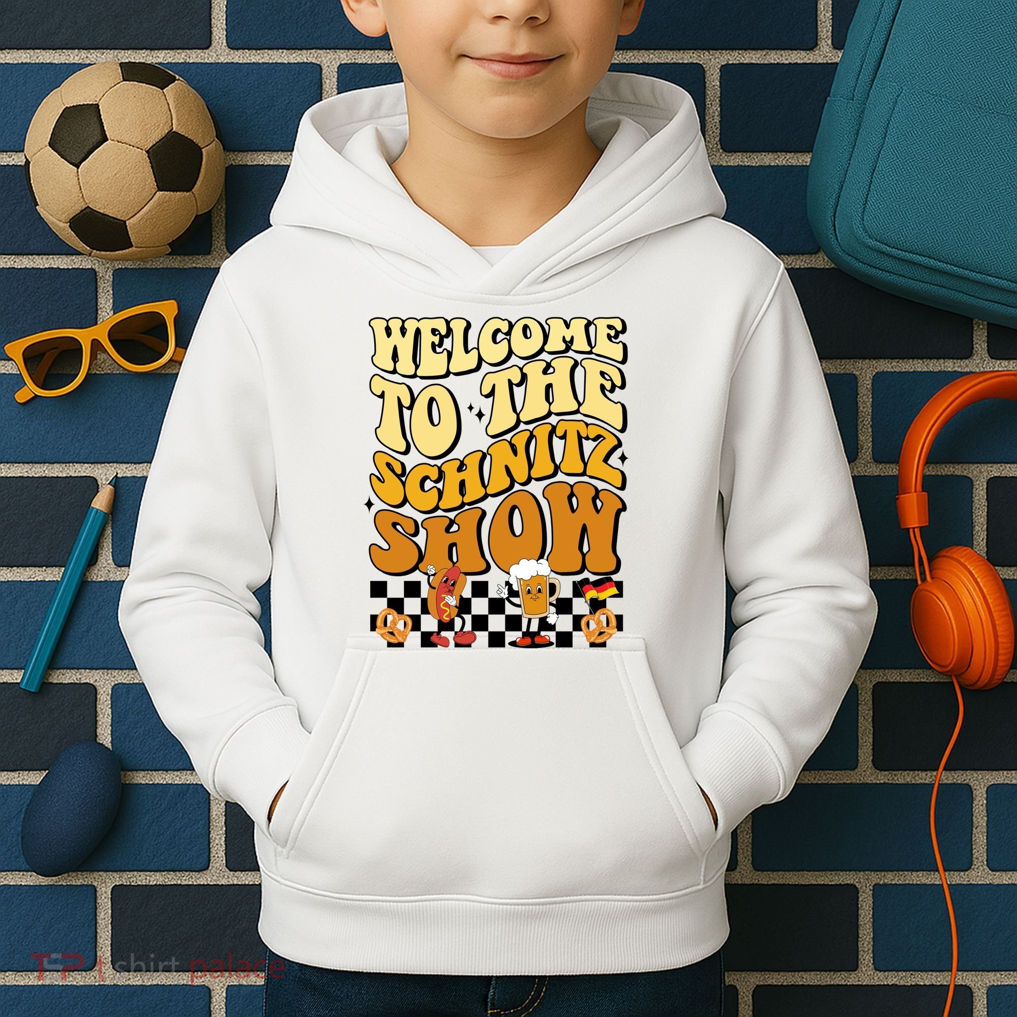 Welcome To The Schnitz Show Oktoberfest Retro Groovy Kids Hoodie