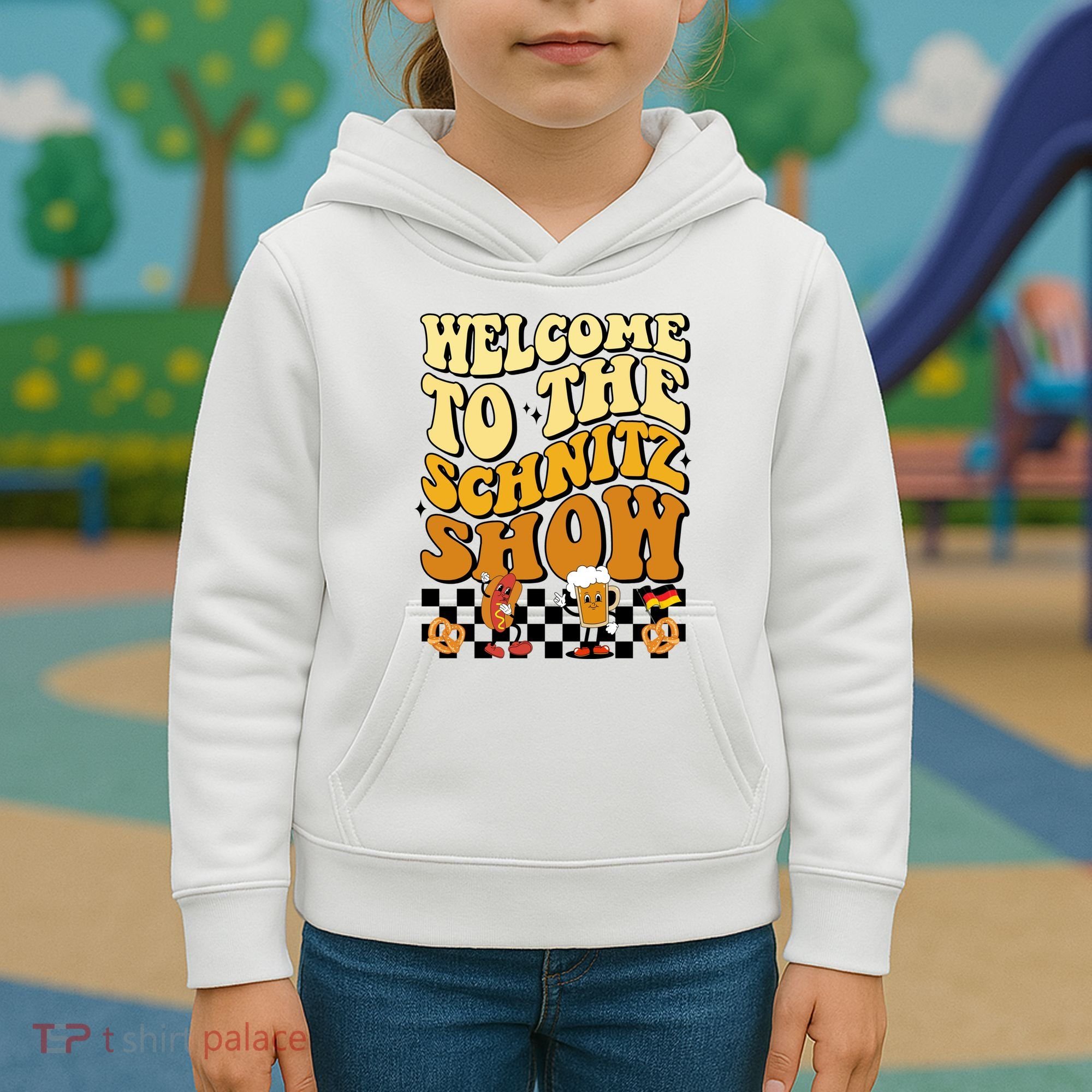 Welcome To The Schnitz Show Oktoberfest Retro Groovy Kids Hoodie