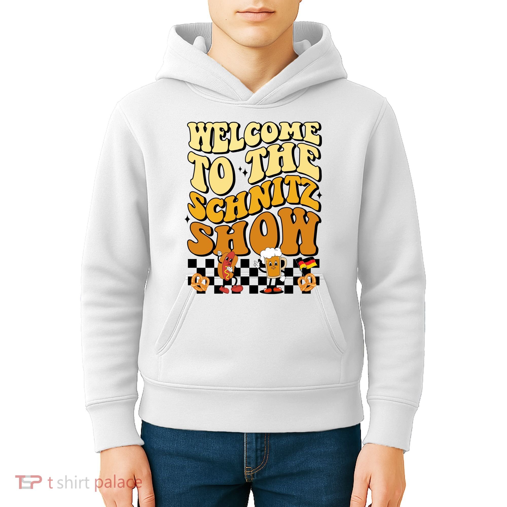 Welcome To The Schnitz Show Oktoberfest Retro Groovy Kids Hoodie