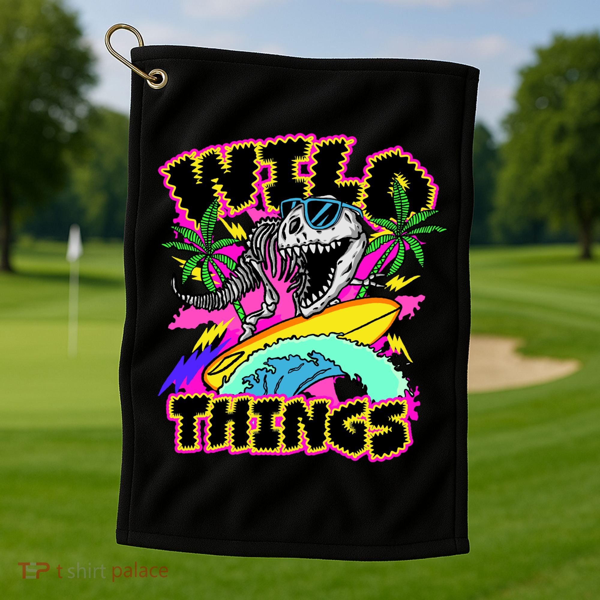 Wild Things T Rex Surfing Golf Towel