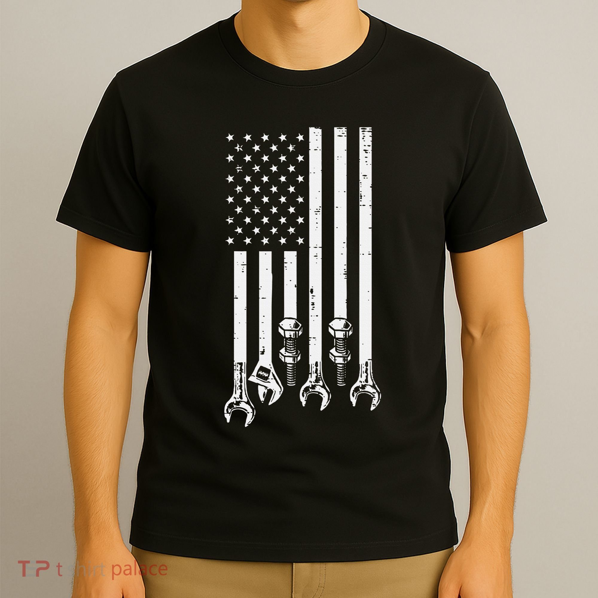 Wrench Usa American Flag Car Mechanic Garage Patriotic T-Shirt