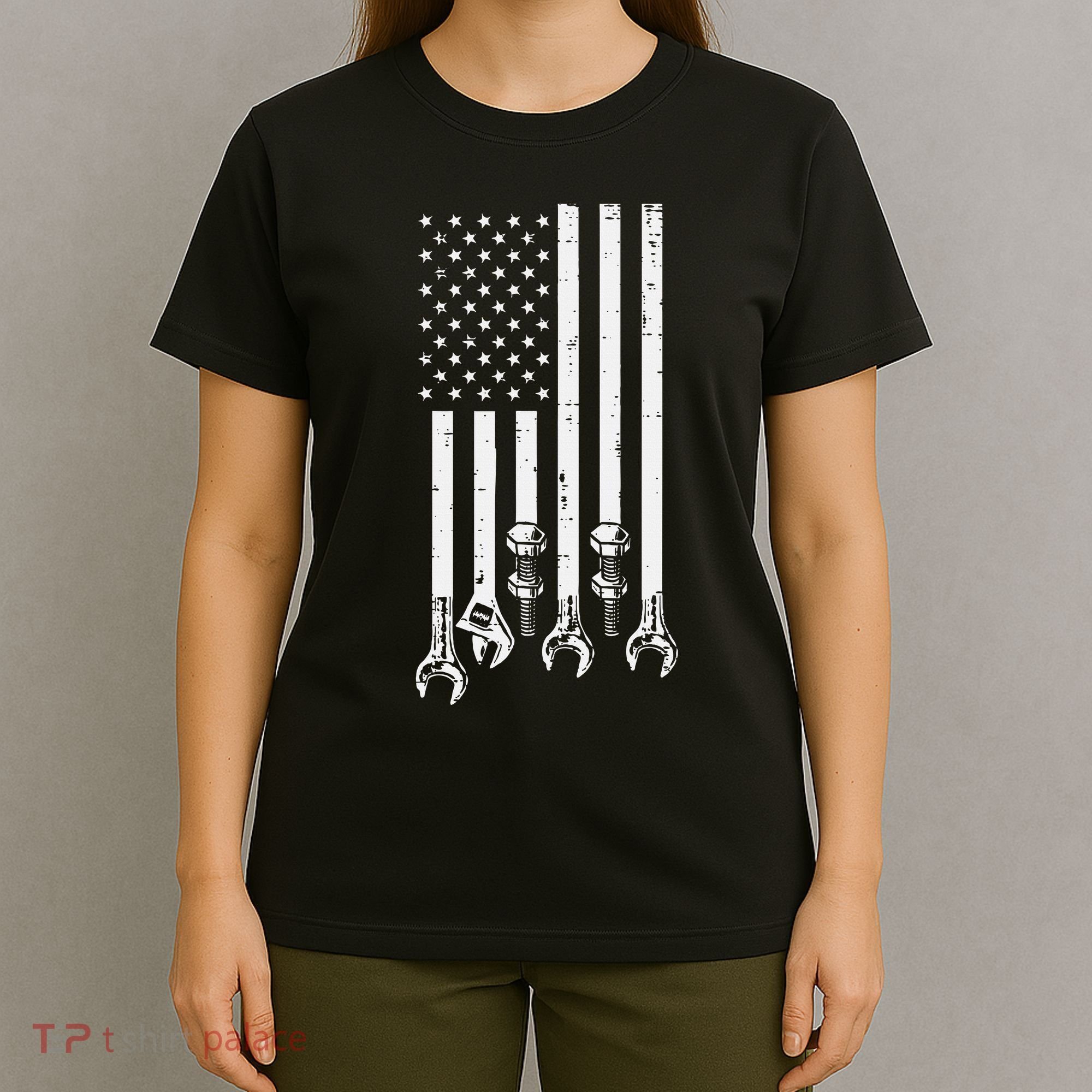 Wrench Usa American Flag Car Mechanic Garage Patriotic T-Shirt