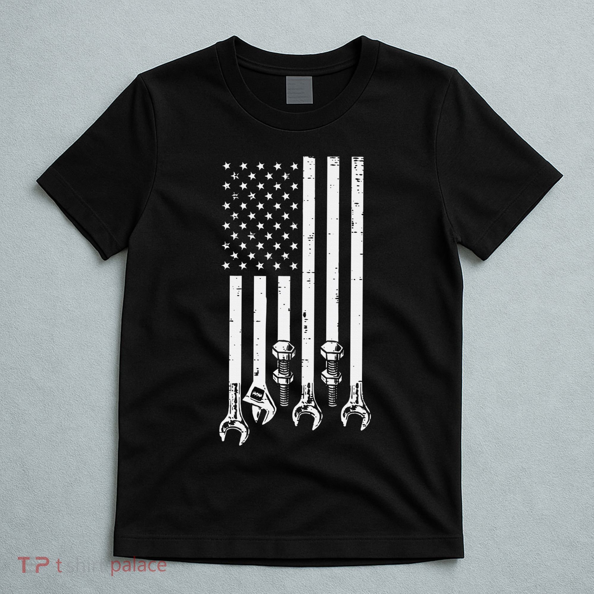Wrench Usa American Flag Car Mechanic Garage Patriotic T-Shirt