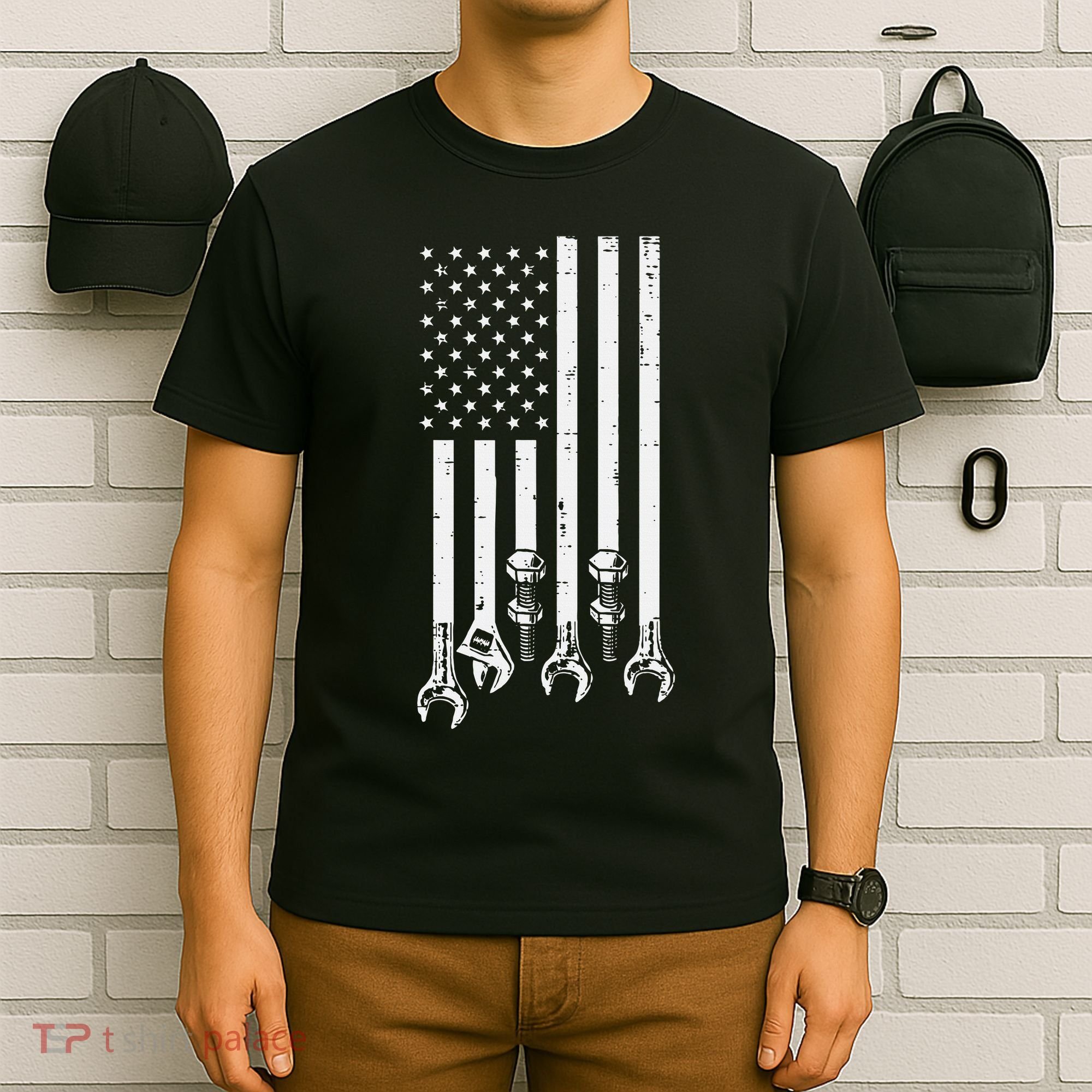 Wrench Usa American Flag Car Mechanic Garage Patriotic T-Shirt