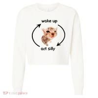 Wake Up Act Silly Cat Meme Cropped Pullover Crew thumb 0