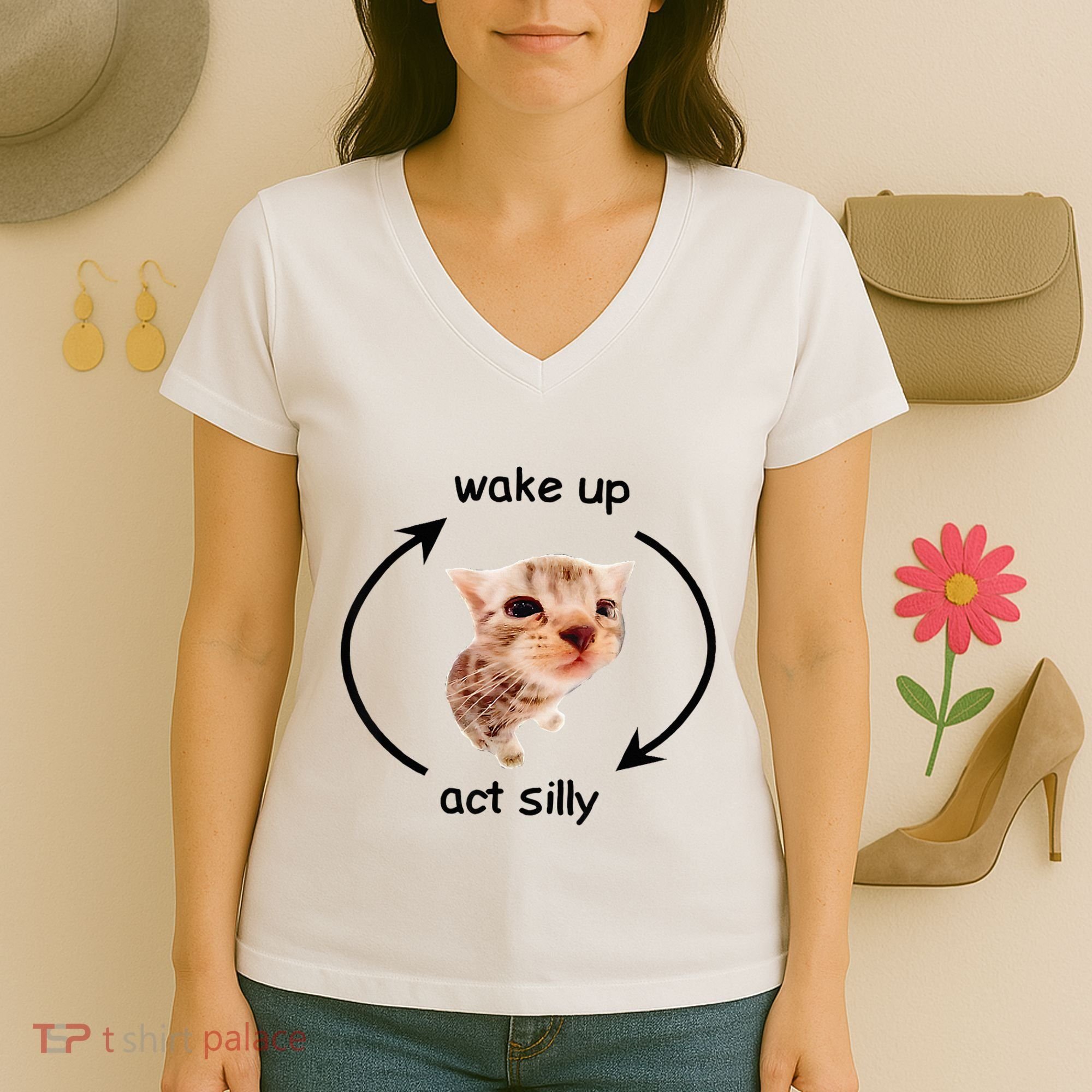 Wake Up Act Silly Cat Wake Up Act Silly Cat Women's V-Neck T-Shirt